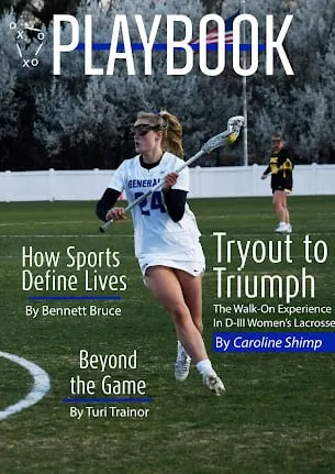 Cover of the Winter 2025 issue of Playbook, showing a Washington and Lee lacrosse player in action.